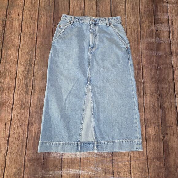 Free People Dresses & Skirts - Free People Denim Skirt Women 25 Blue Wild Roses Midi Pockets Front Slit‎